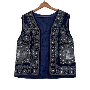 Vintage Velvet Embroidered Vest Womens S Navy Blue Mirror Shisha Bohemian Hippie